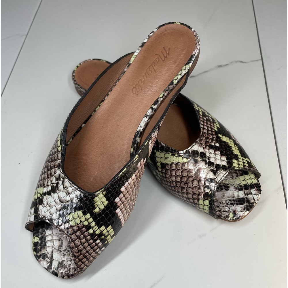 MADEWELL Erica Peep-toe mule, snake embossed leather women size 6.5 green black